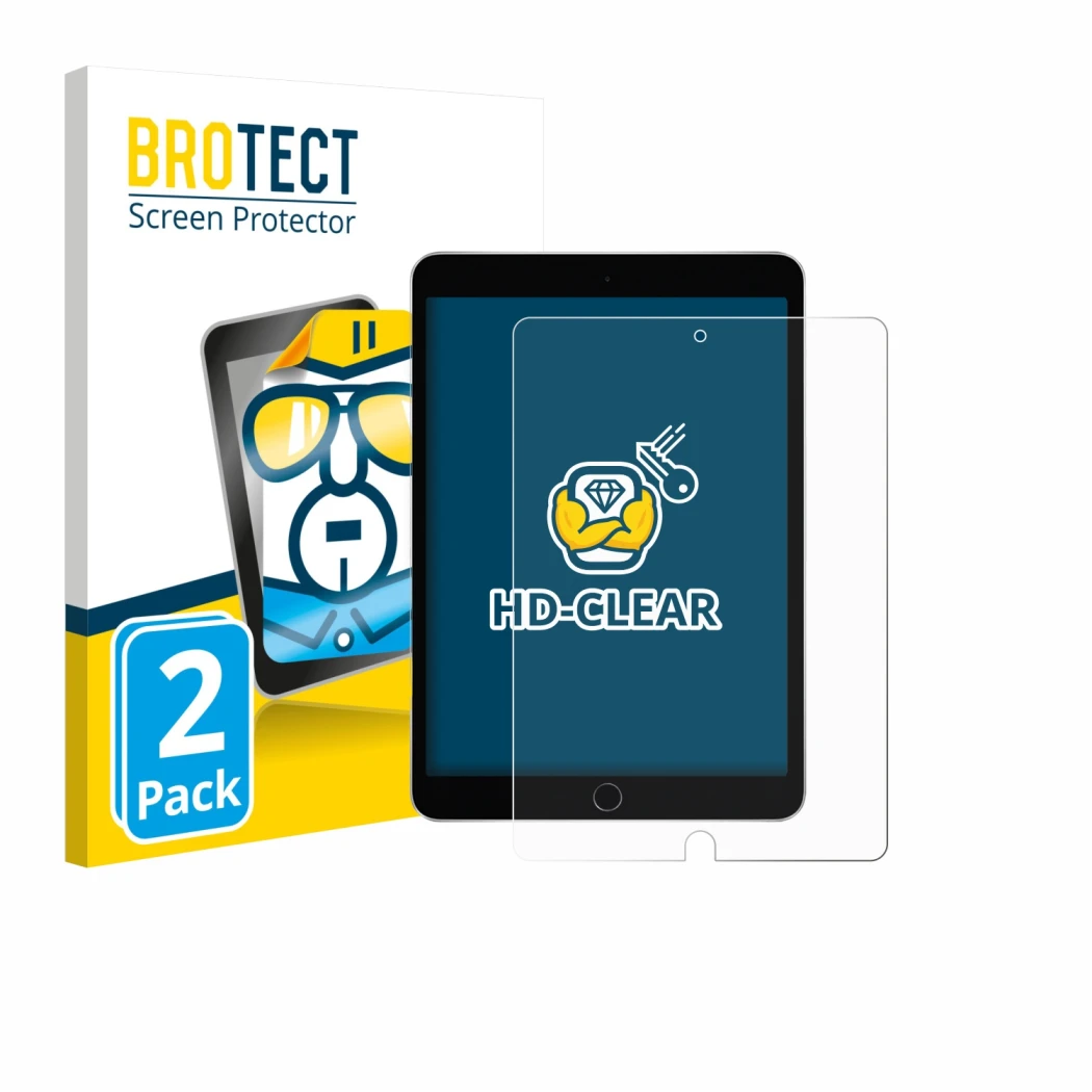 Front side of a product packaging with the brand logo BROTECT. Next to it is the device Apple iPad 10.2