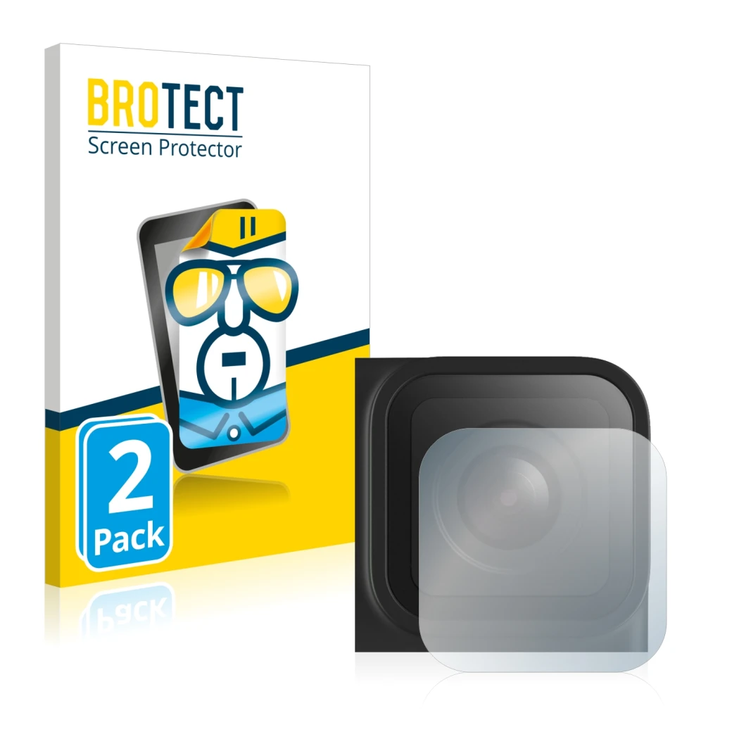 Front side of a product packaging with the brand logo BROTECT. Next to it is the device GoPro Hero 9 Black (Lens) shown with t