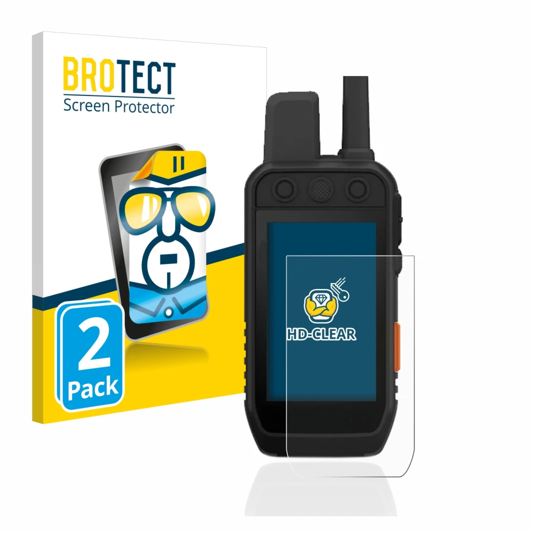 Front side of a product packaging with the brand logo BROTECT. Next to it is the device Garmin Alpha 200 K shown with the corr