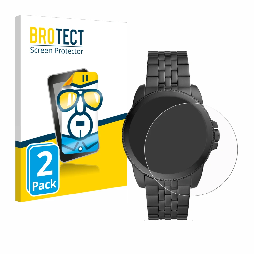 Front side of a product packaging with the brand logo BROTECT. Next to it is the device Fossil Gen 5E shown with the correspon