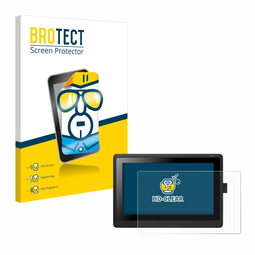 Front side of a product packaging with the brand logo BROTECT. Next to it is the device Wacom Cintiq 16 shown with the corresp