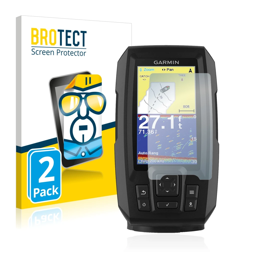 Front side of a product packaging with the brand logo BROTECT. Next to it is the device Garmin Striker Vivid 4cv shown with th