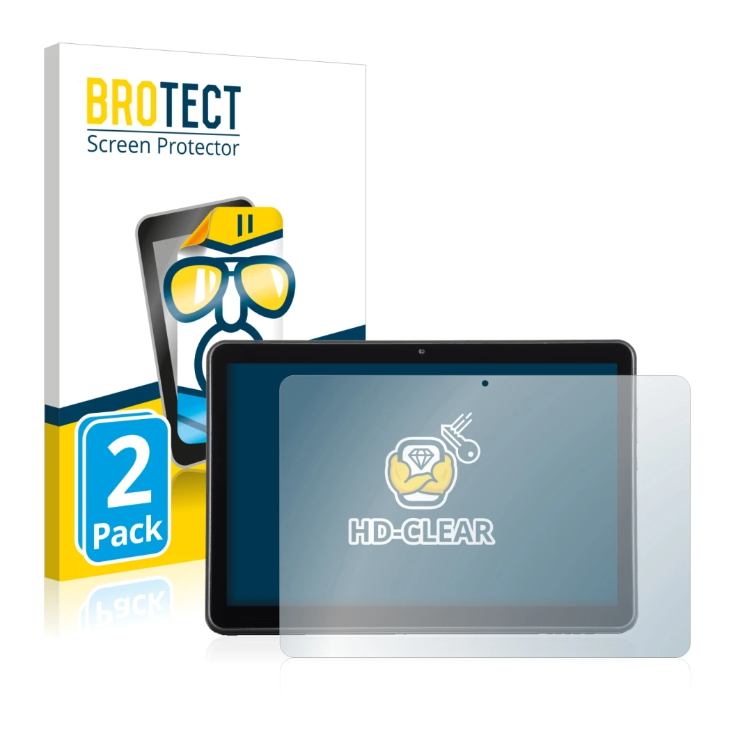 Front side of a product packaging with the brand logo BROTECT. Next to it is the device Wortmann Terra Pad 1006 shown with the