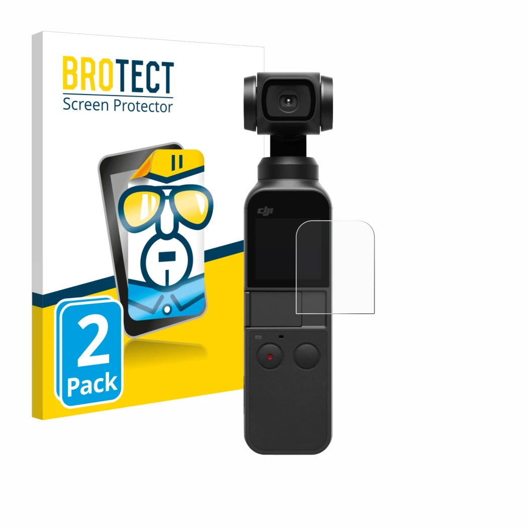Front side of a product packaging with the brand logo BROTECT. Next to it is the device DJI Osmo Pocket 2 shown with the corre