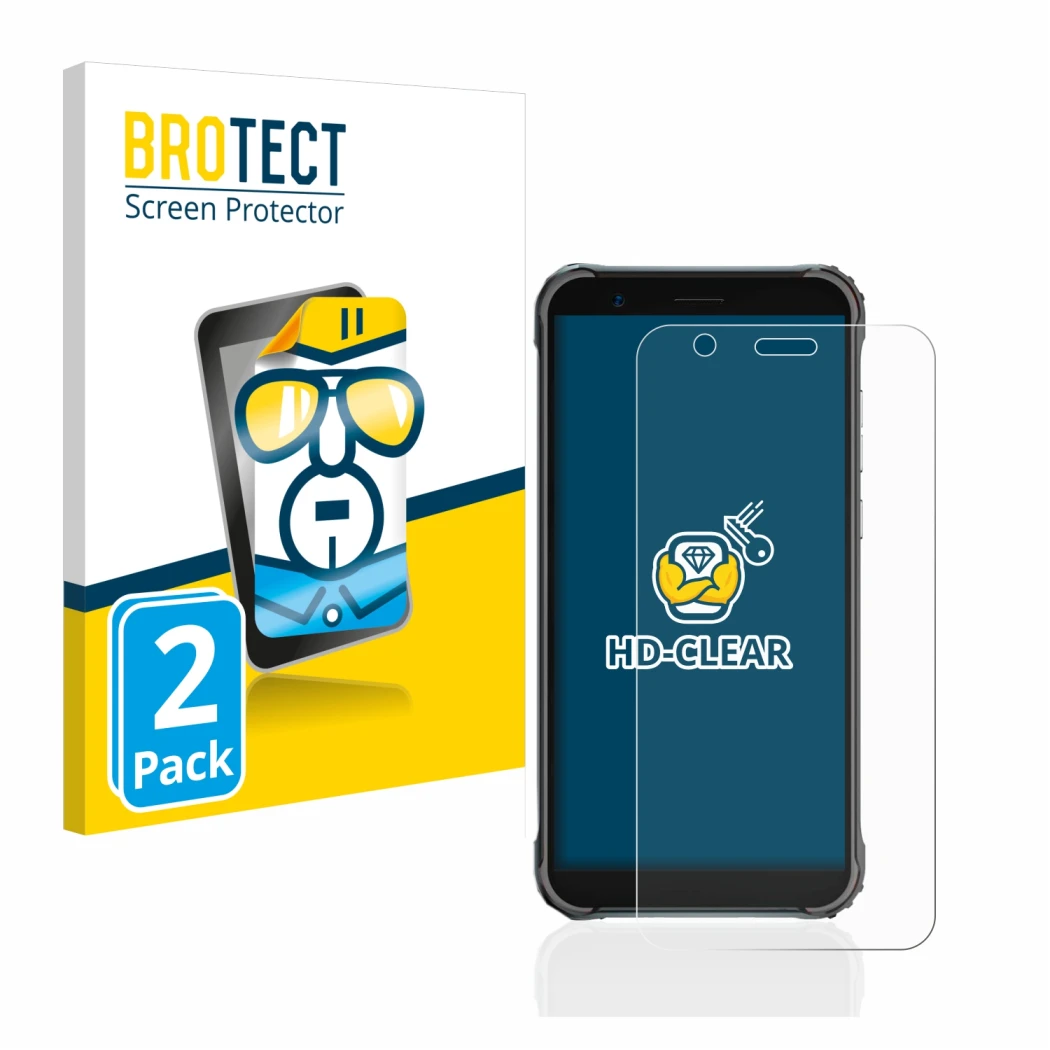 Front side of a product packaging with the brand logo BROTECT. Next to it is the device Blackview BV4900 Pro shown with the co