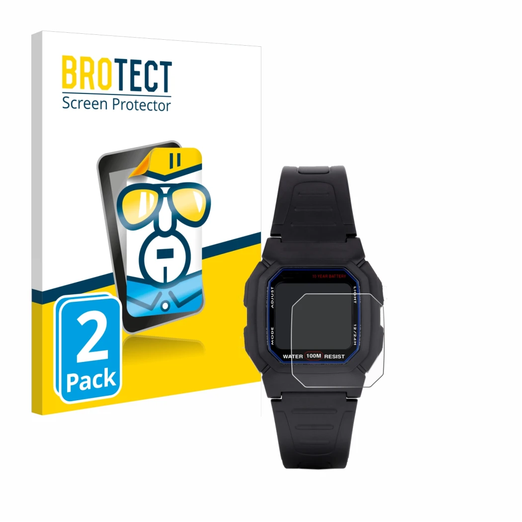 Front side of a product packaging with the brand logo BROTECT. Next to it is the device Casio W-800H-1AVES shown with the corr
