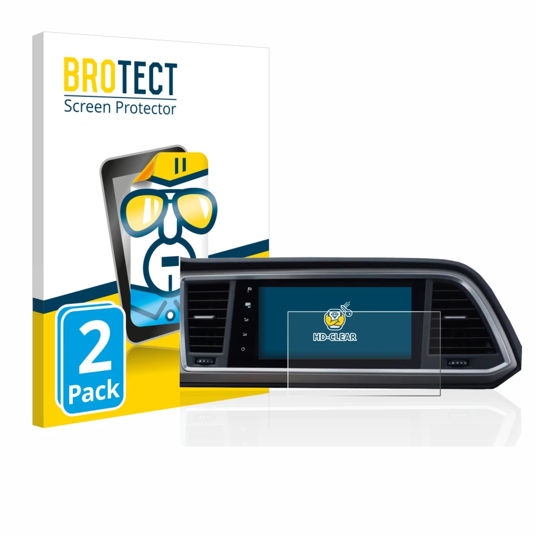 Front side of a product packaging with the brand logo BROTECT. Next to it is the device Seat Ateca Style Go 2020 Infotainment 