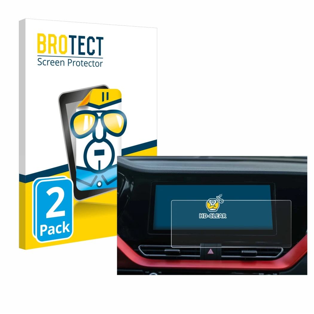 Front side of a product packaging with the brand logo BROTECT. Next to it is the device Kia E-Niro 2020 Infotainment System sh