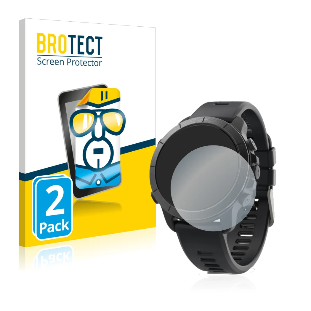 Front side of a product packaging with the brand logo BROTECT. Next to it is the device Wahoo Elemnt Rival shown with the corr