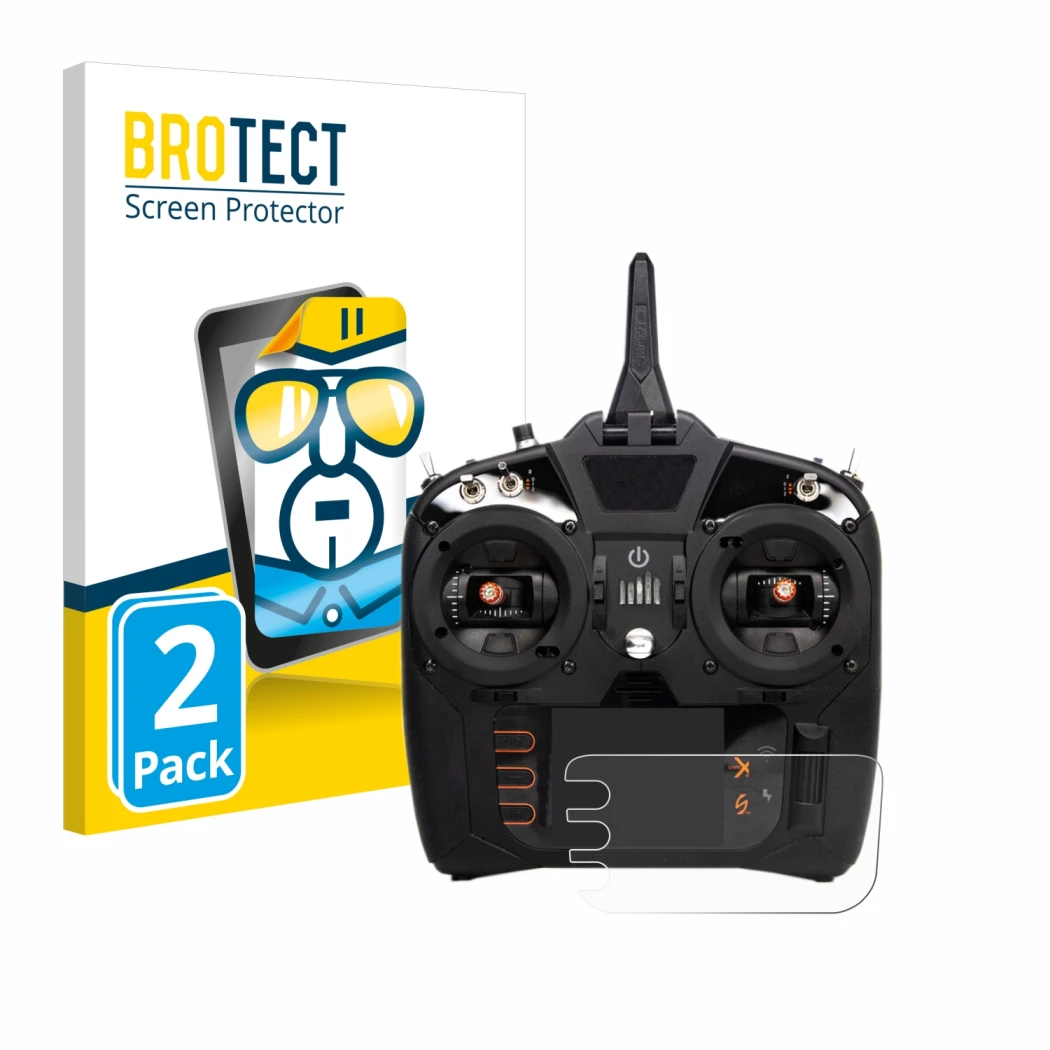 Front side of a product packaging with the brand logo BROTECT. Next to it is the device Spektrum NX8 shown with the correspond