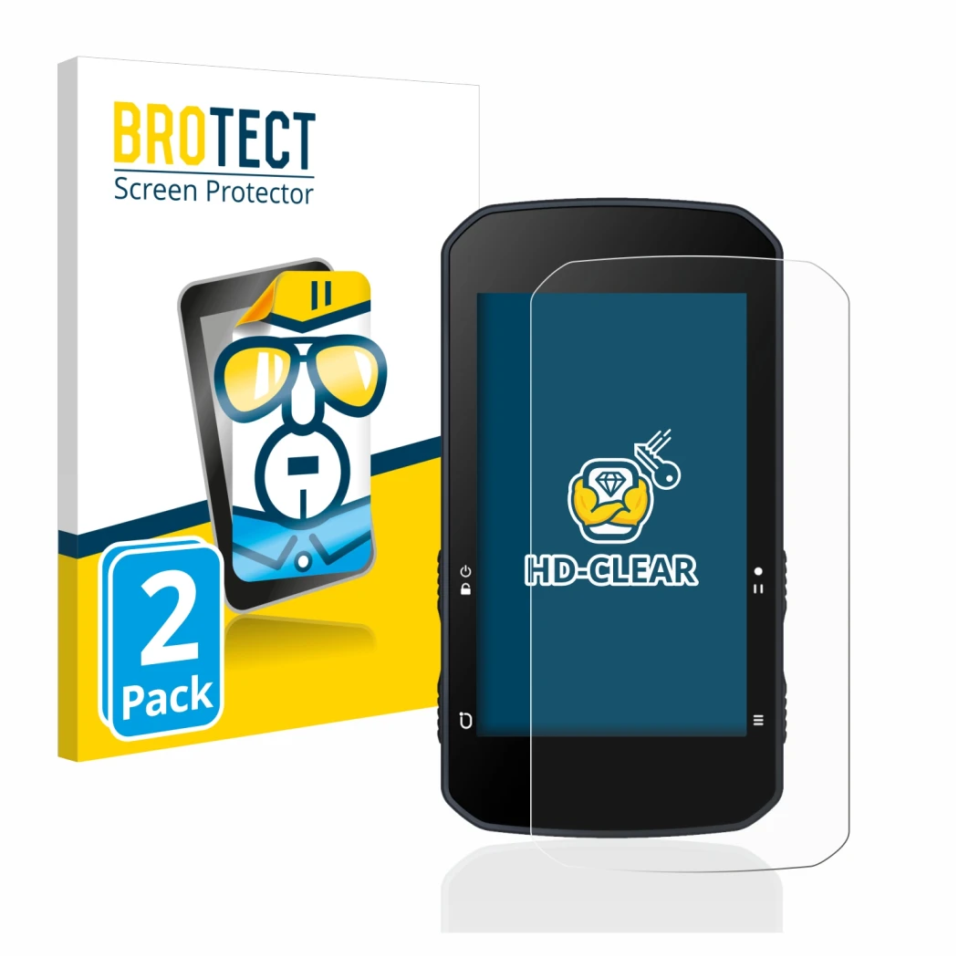 Front side of a product packaging with the brand logo BROTECT. Next to it is the device Bryton Rider 750 shown with the corres