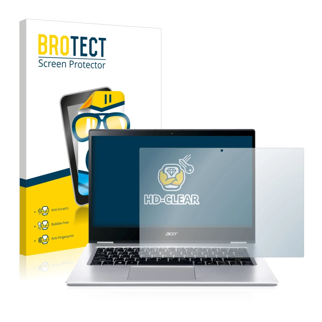Front side of a product packaging with the brand logo BROTECT. Next to it is the device Acer Spin 3 SP314-54N shown with the c