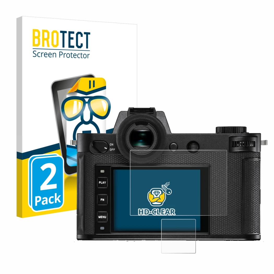 Front side of a product packaging with the brand logo BROTECT. Next to it is the device Leica SL2-S shown with the correspondi