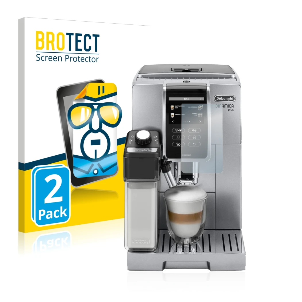 Front side of a product packaging with the brand logo BROTECT. Next to it is the device DeLonghi Dinamica Plus ECAM370.95.T sh