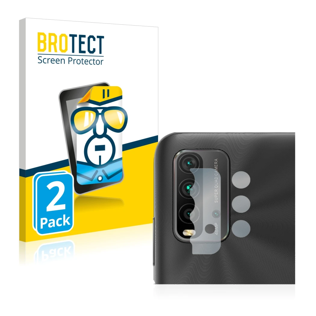 Front side of a product packaging with the brand logo BROTECT. Next to it is the device Xiaomi Redmi 9T (ONLY Camera Lens) sho