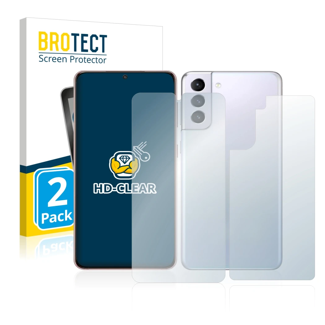 Front side of a product packaging with the brand logo BROTECT. Next to it is the device Samsung Galaxy S21 5G (Front+Back) sho