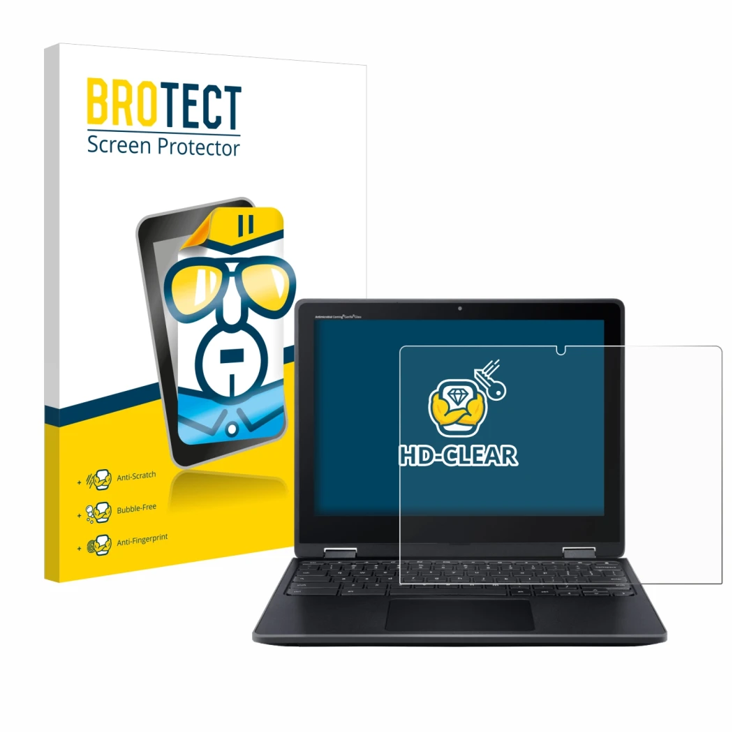 Front side of a product packaging with the brand logo BROTECT. Next to it is the device Acer Chromebook Spin 512 shown with th