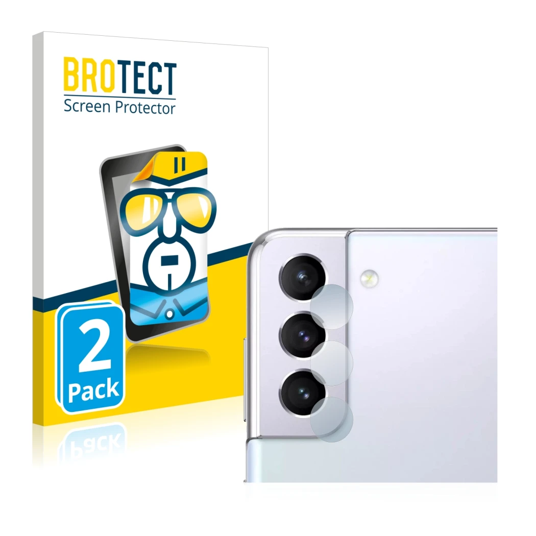 Front side of a product packaging with the brand logo BROTECT. Next to it is the device Samsung Galaxy S21 (ONLY Camera Lens) 