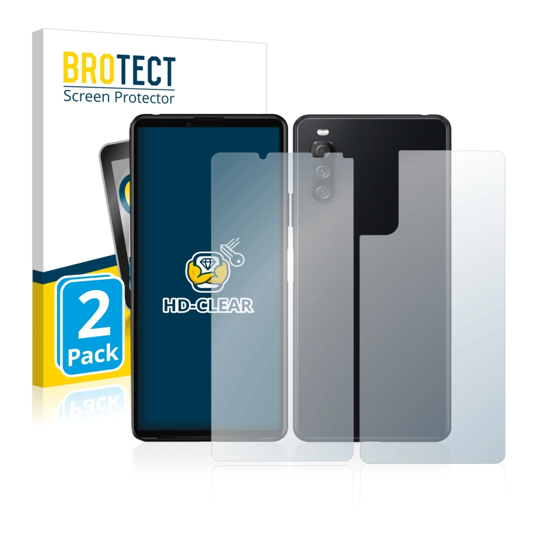 Front side of a product packaging with the brand logo BROTECT. Next to it is the device Sony Xperia 10 III (Front+Back) shown 
