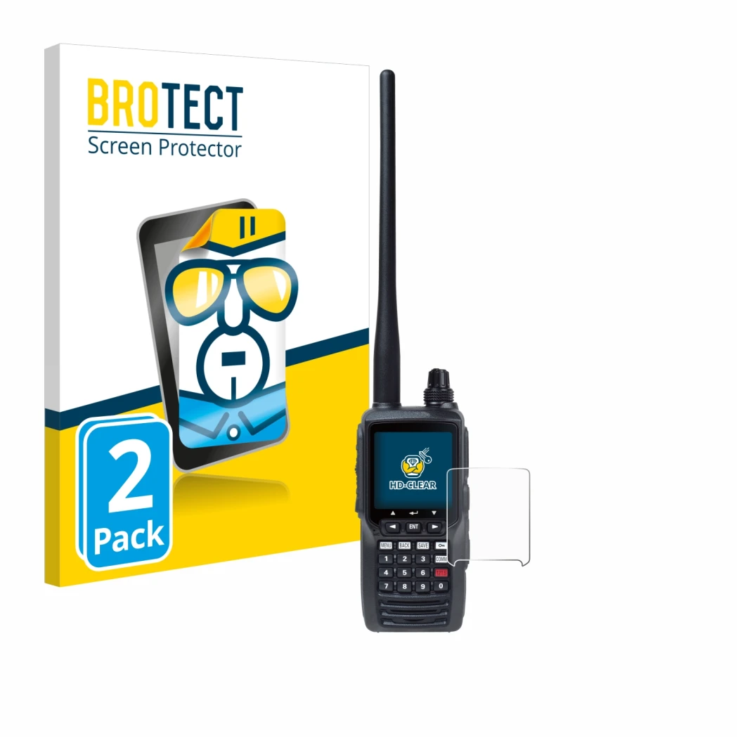 Front side of a product packaging with the brand logo BROTECT. Next to it is the device Yaesu FTA-550 shown with the correspon