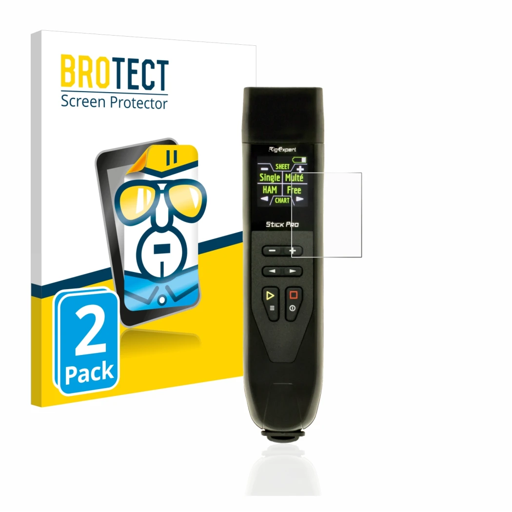 Front side of a product packaging with the brand logo BROTECT. Next to it is the device RigExpert Stick Pro shown with the cor