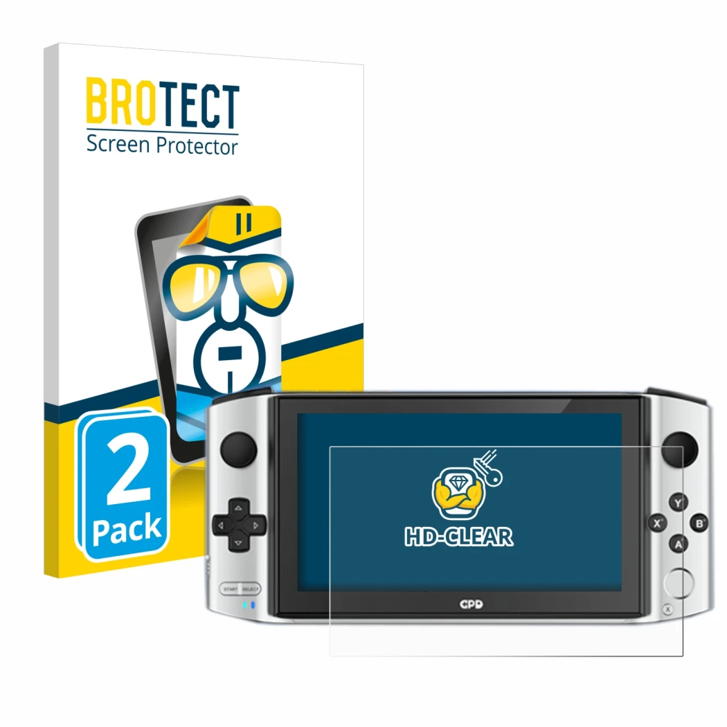 Front side of a product packaging with the brand logo BROTECT. Next to it is the device GPD Win 3 shown with the corresponding