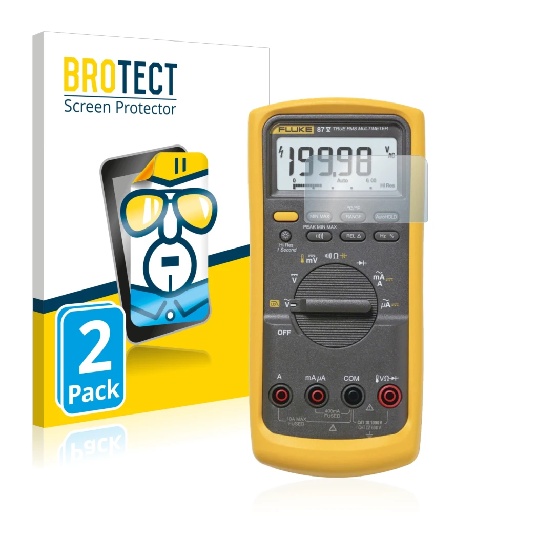Front side of a product packaging with the brand logo BROTECT. Next to it is the device Fluke 87v shown with the corresponding