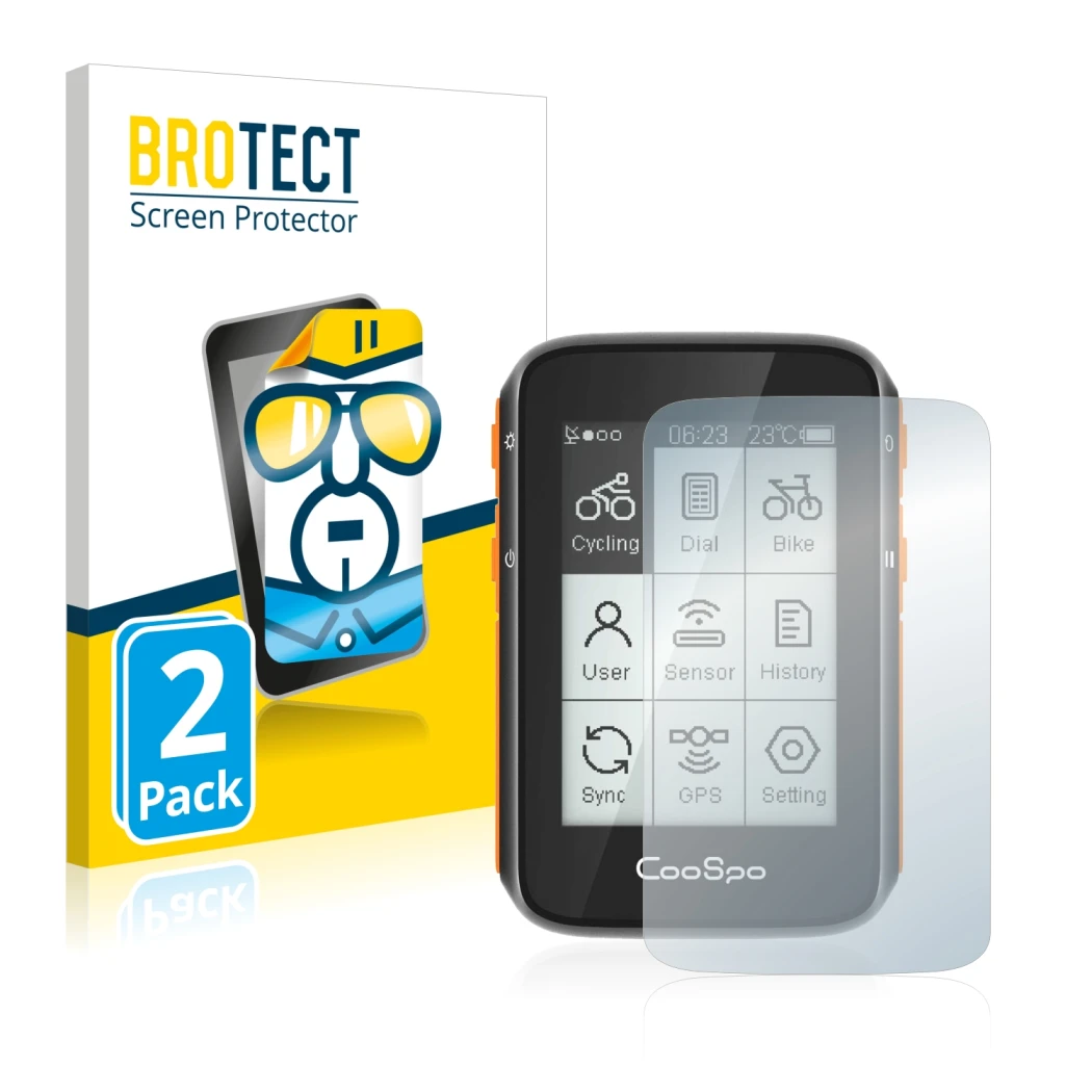 Front side of a product packaging with the brand logo BROTECT. Next to it is the device CooSpo BC200 shown with the correspond