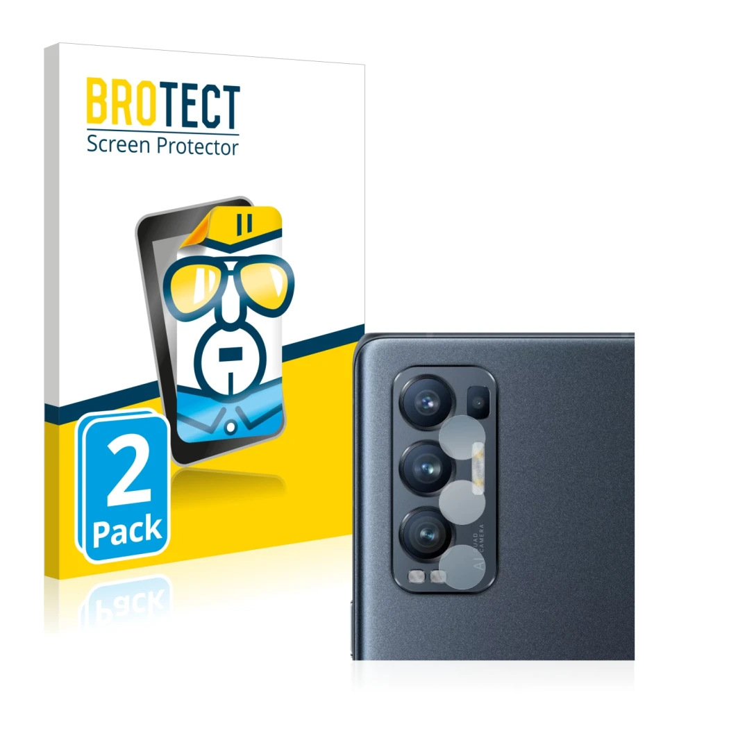 Front side of a product packaging with the brand logo BROTECT. Next to it is the device Oppo Find X3 Neo (ONLY Camera Lens) sh