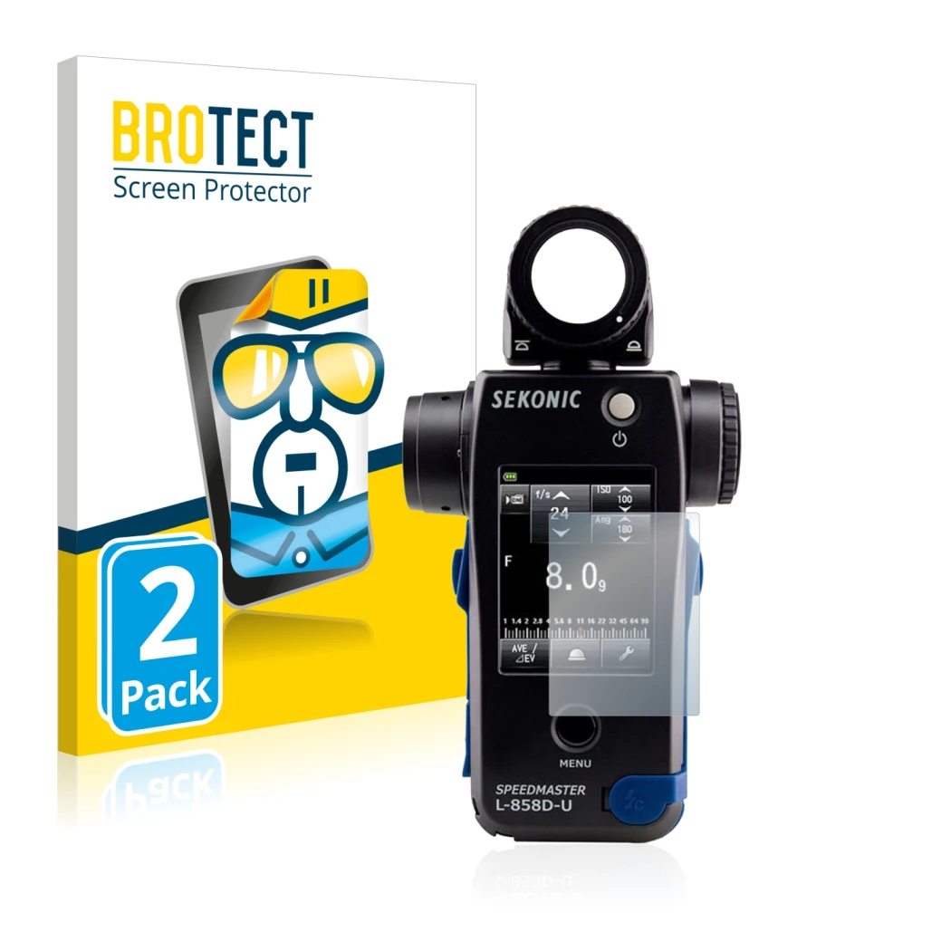 Front side of a product packaging with the brand logo BROTECT. Next to it is the device Sekonic L858D shown with the correspon