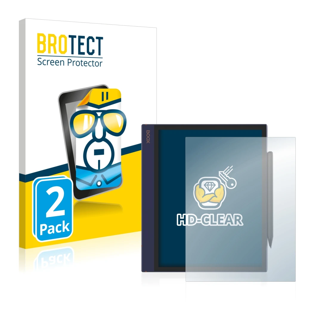 Front side of a product packaging with the brand logo BROTECT. Next to it is the device Boox Note Air shown with the correspon