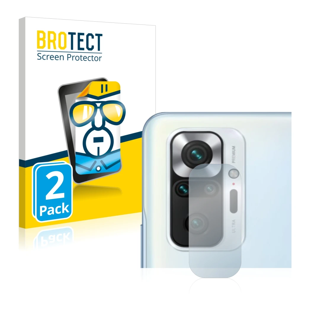 Front side of a product packaging with the brand logo BROTECT. Next to it is the device Xiaomi Redmi Note 10S (ONLY Camera Len