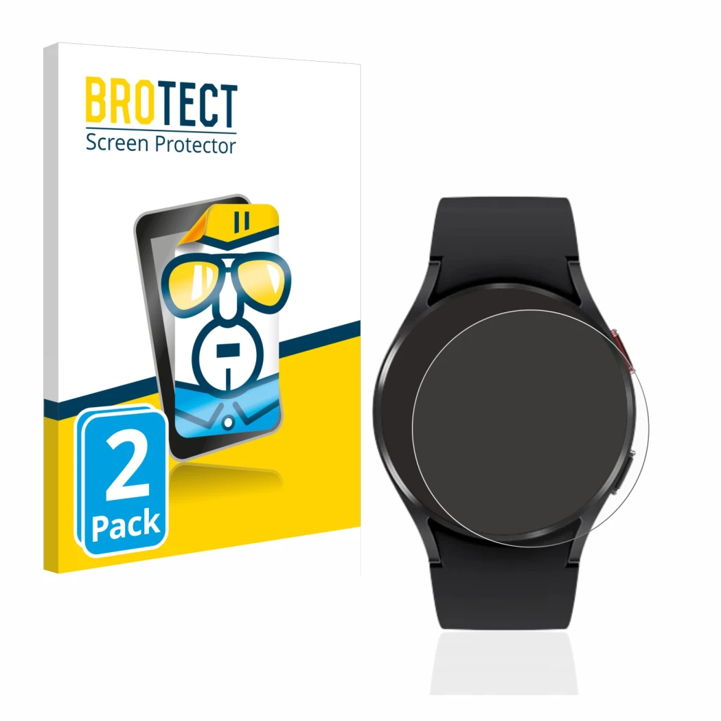 Front side of a product packaging with the brand logo BROTECT. Next to it is the device Samsung Galaxy Watch 4 (40mm) shown wi