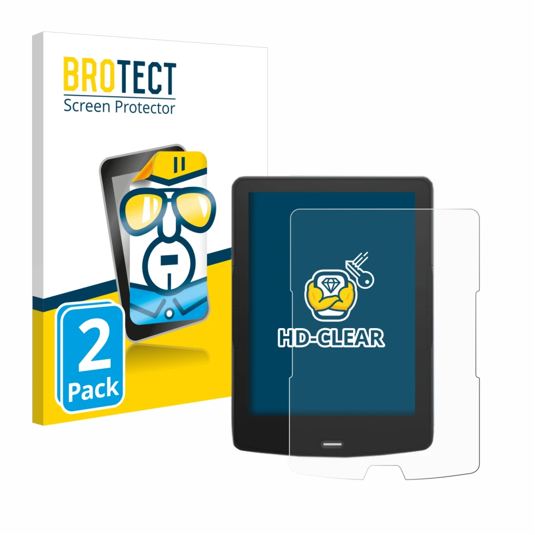 Front side of a product packaging with the brand logo BROTECT. Next to it is the device inkBOOK Calypso Plus shown with the co
