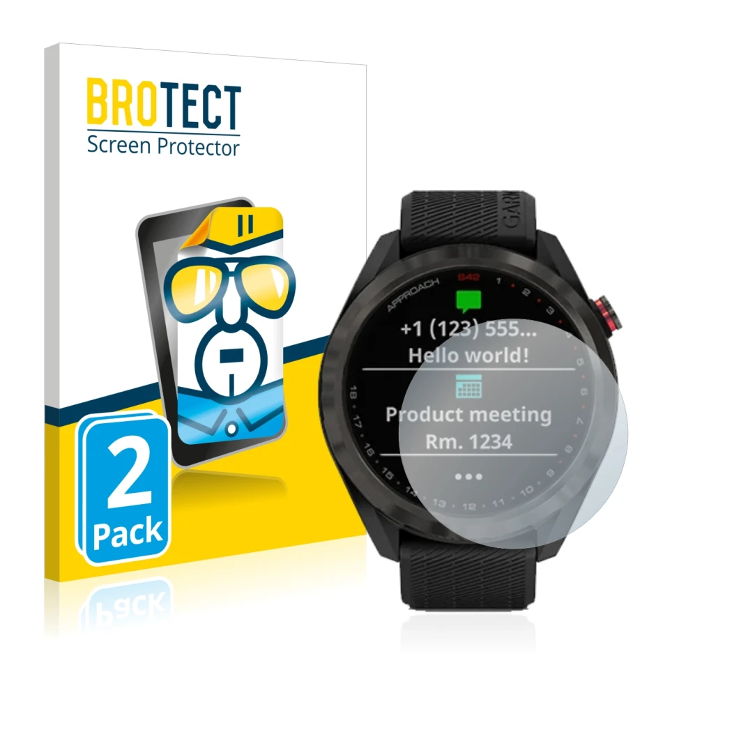 Front side of a product packaging with the brand logo BROTECT. Next to it is the device Garmin Approach S42 shown with the cor