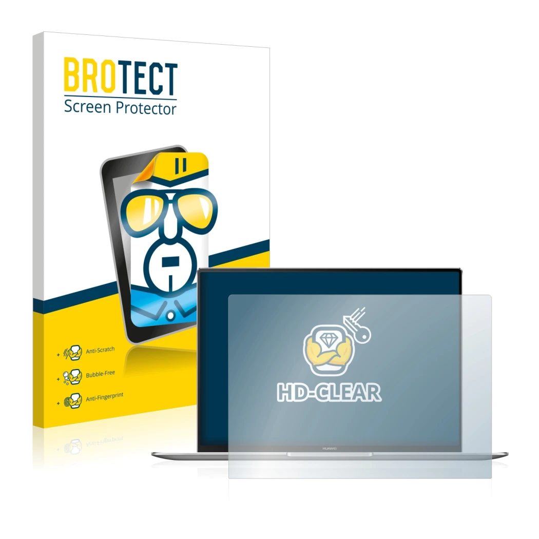 Front side of a product packaging with the brand logo BROTECT. Next to it is the device Huawei MateBook X Pro 2021 shown with