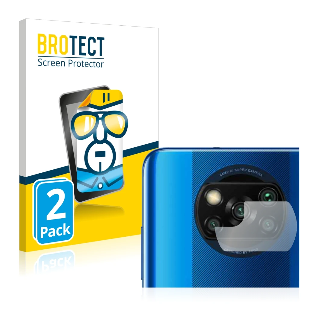 Front side of a product packaging with the brand logo BROTECT. Next to it is the device Xiaomi Poco X3 Pro (ONLY Camera Lens) 