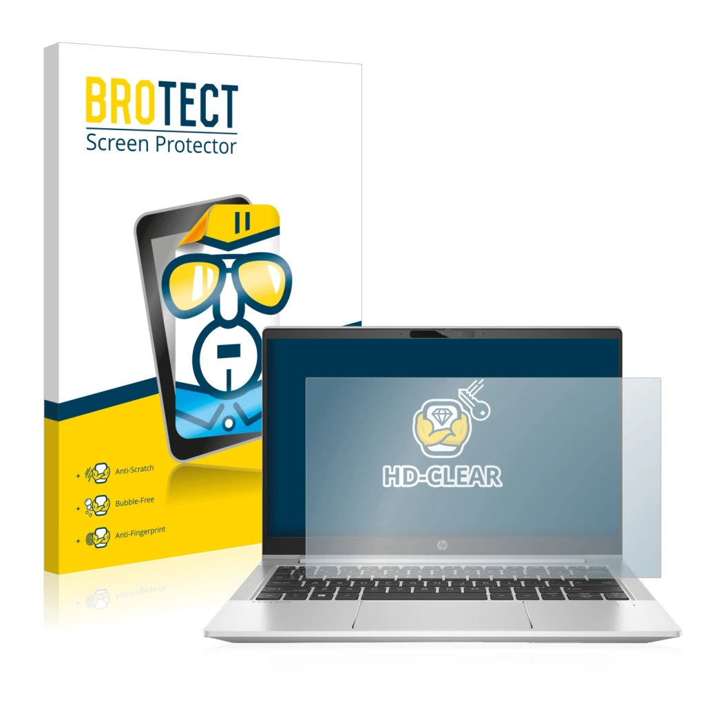 Front side of a product packaging with the brand logo BROTECT. Next to it is the device HP ProBooks 430 G8 shown with the corr