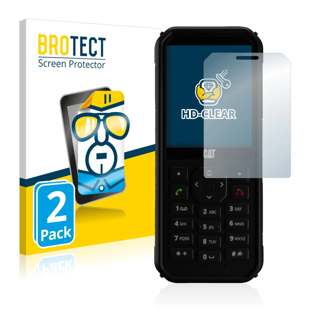 Front side of a product packaging with the brand logo BROTECT. Next to it is the device Caterpillar Cat B40 shown with the cor