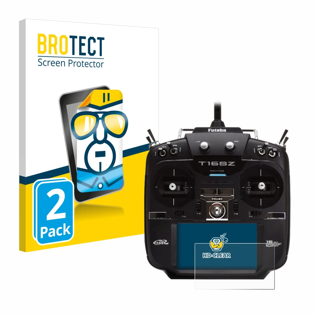 Front side of a product packaging with the brand logo BROTECT. Next to it is the device Robbe Futaba T16IZ shown with the corr