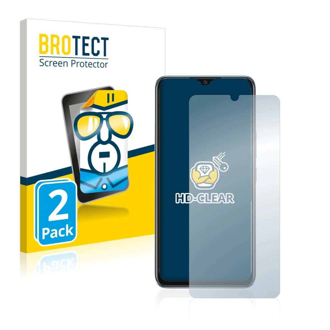 Front side of a product packaging with the brand logo BROTECT. Next to it is the device Vivo Y70 shown with the corresponding 