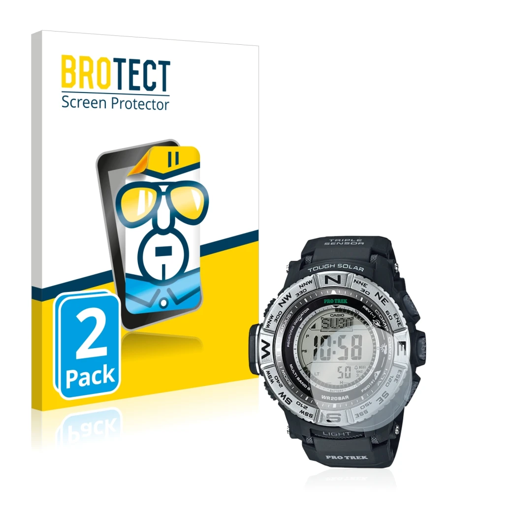 Front side of a product packaging with the brand logo BROTECT. Next to it is the device Casio Pro Trek PRW-3500-1 shown with t