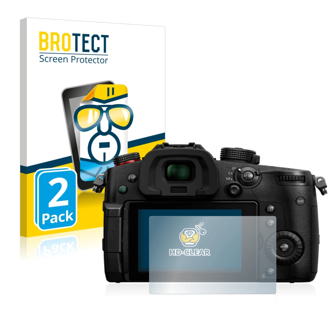 Front side of a product packaging with the brand logo BROTECT. Next to it is the device Panasonic Lumix DC-GH5 II shown with t