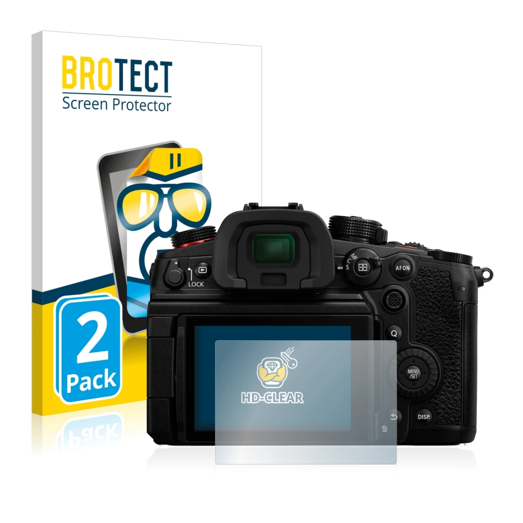Front side of a product packaging with the brand logo BROTECT. Next to it is the device Panasonic Lumix DC-GH6 shown with the