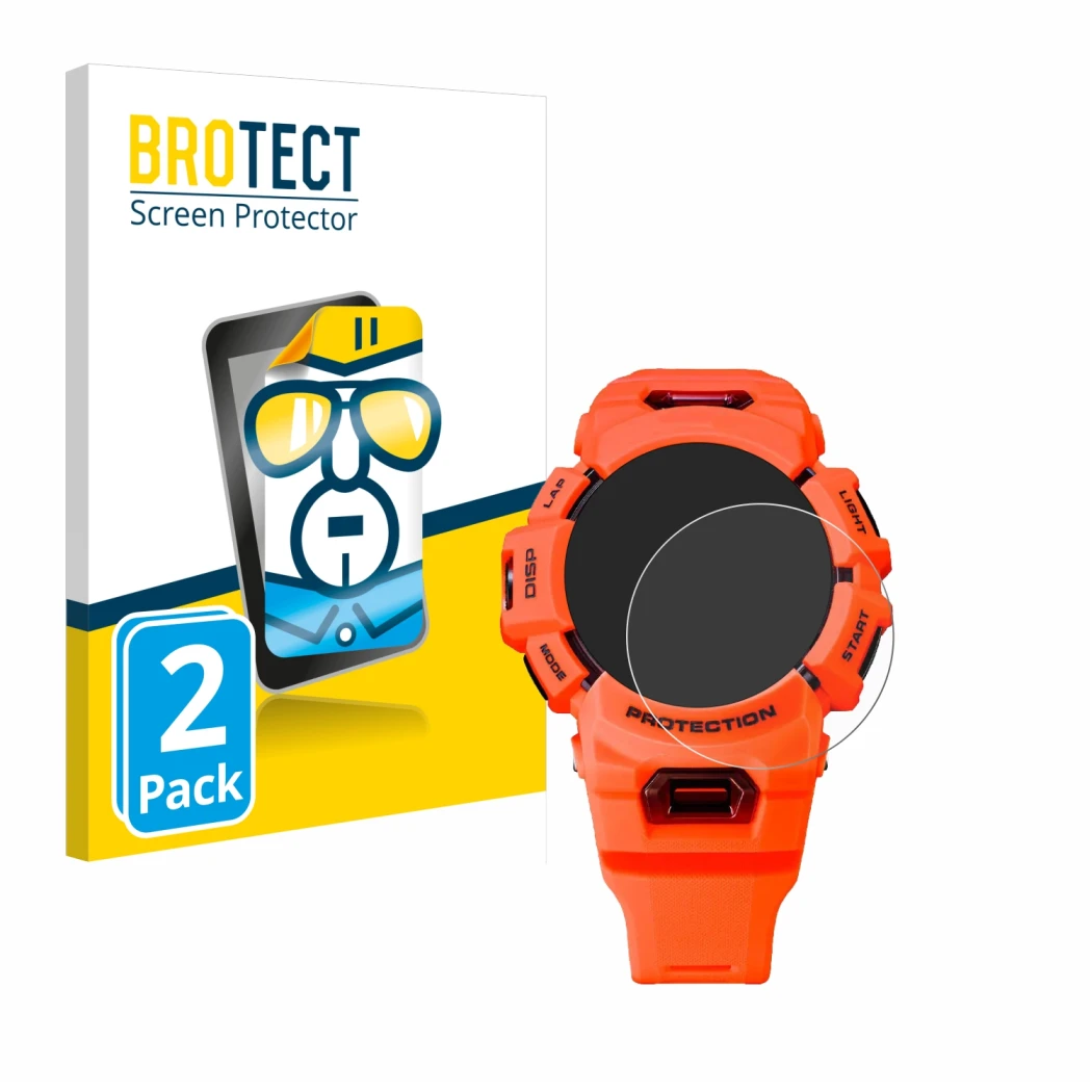 Front side of a product packaging with the brand logo BROTECT. Next to it is the device Casio G-Shock GBA-900 shown with the c