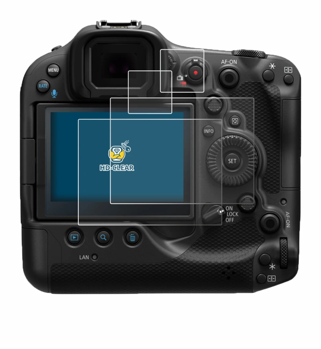 Image of the device Canon EOS R3 with a wide variety of screen protectors.