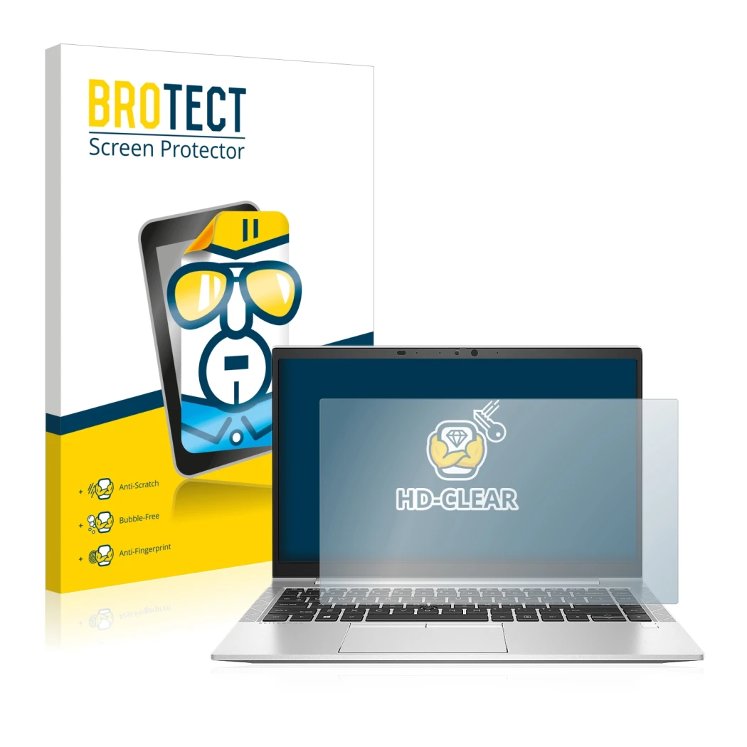 Front side of a product packaging with the brand logo BROTECT. Next to it is the device HP EliteBook 840 G7 shown with the cor