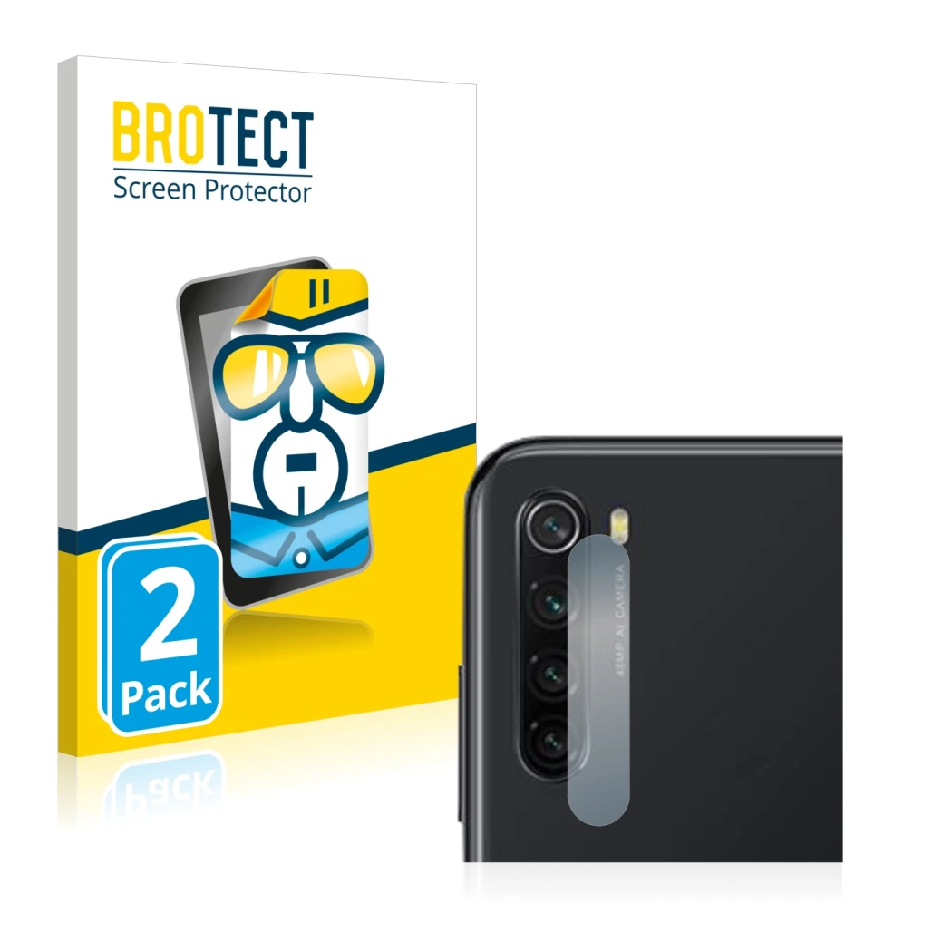 Front side of a product packaging with the brand logo BROTECT. Next to it is the device Xiaomi Redmi Note 8 2021 (ONLY Camera 