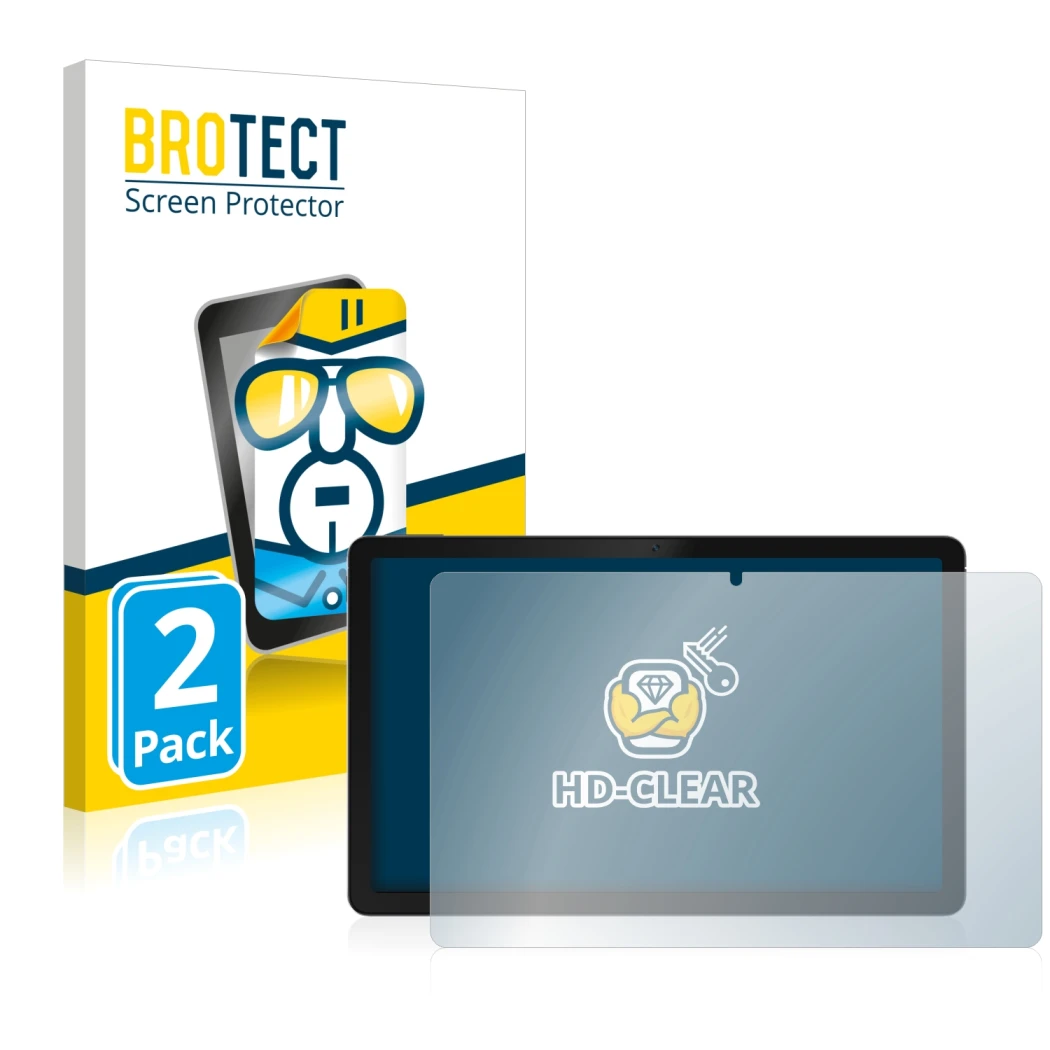 Front side of a product packaging with the brand logo BROTECT. Next to it is the device realme Pad shown with the correspondin