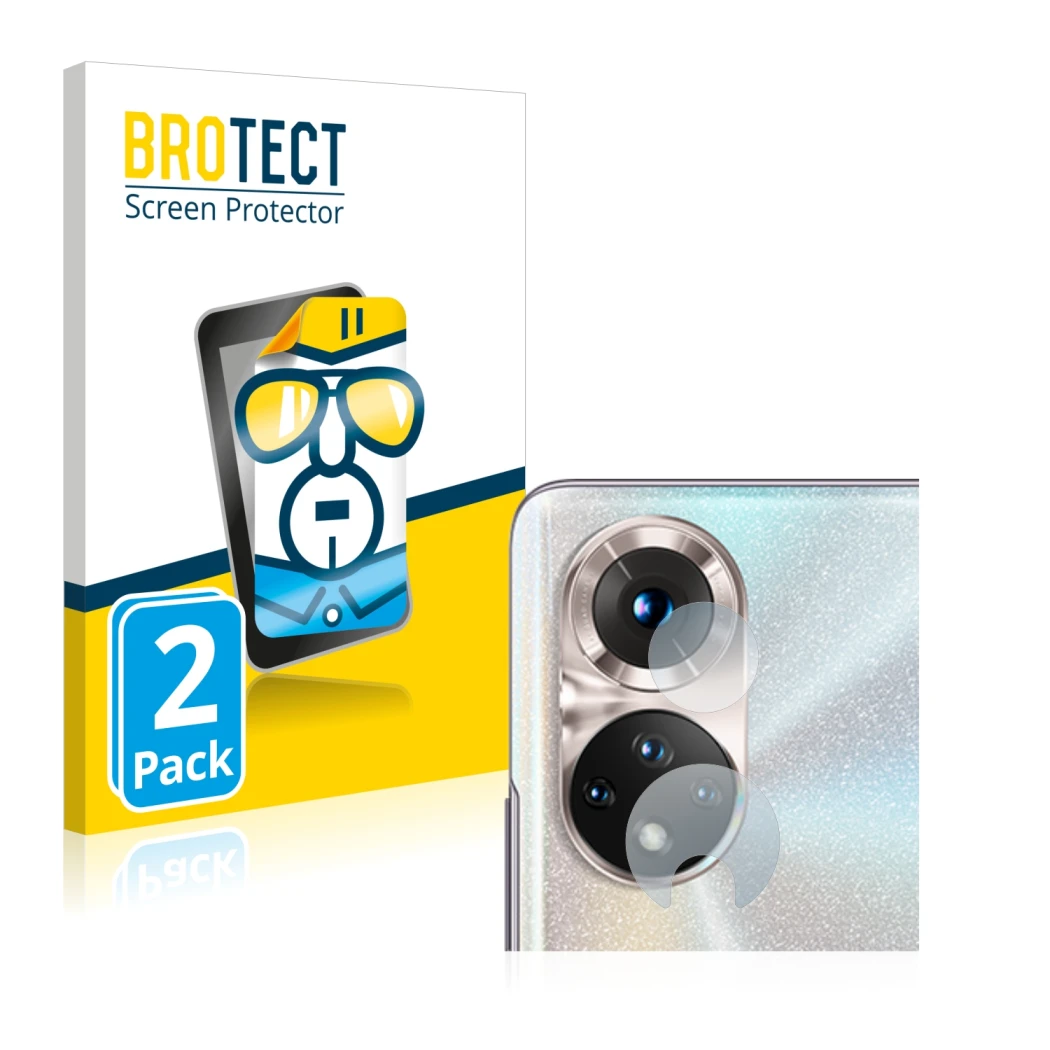 Front side of a product packaging with the brand logo BROTECT. Next to it is the device Honor 50 (ONLY Camera Lens) shown with